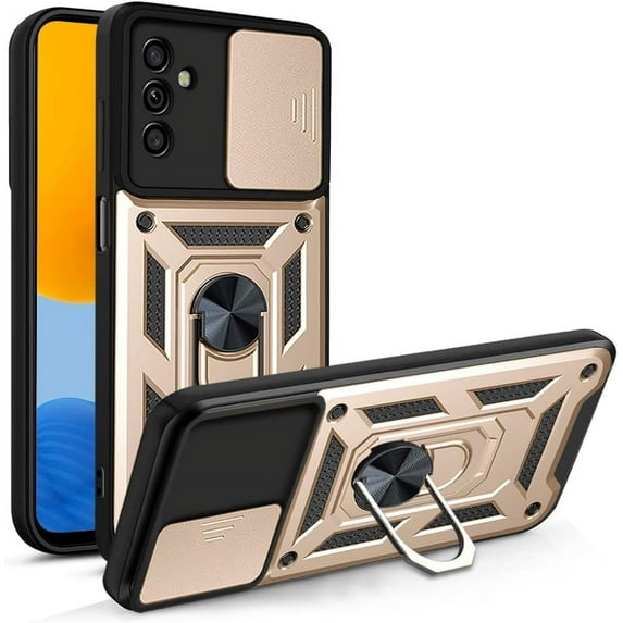 Phone Case for Samsung Galaxy M23/F23 with Slide Camera Window, Heavy Duty Protection Phone Cover Case with Ring Kickstand for Samsung Galaxy F23/M23 SJ Gold