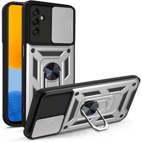 Phone Case for Samsung Galaxy M23/F23 with Slide Camera Window, Heavy Duty Protection Phone Cover Case with Ring Kickstand for Samsung Galaxy F23/M23 SJ Silver
