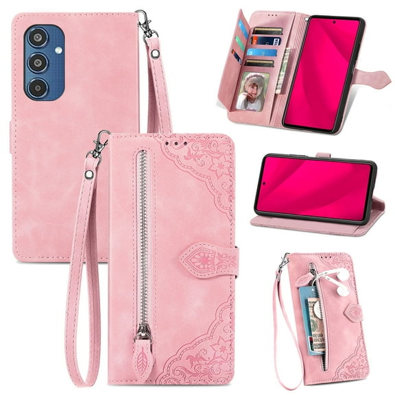 Phone Case for Samsung Galaxy M35 5G, Shockproof PU Leather Wallet Case with Card Slots Anti-Scratch Stand Magnetic Flip Zipper Pocket Cover for Samsung Galaxy M35 5G, Pink