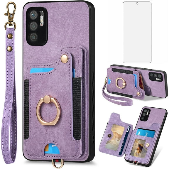 Phone Case for Samsung Galaxy Note 10 5G Wallet Cover with Tempered Glass Screen Protector Wrist Strap Lanyard RFID Credit Card Holder Ring Stand Note10 Notes 10s Ten Not S10 Women Men Purple