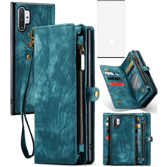 Phone Case for Samsung Galaxy Note 10 Plus Glaxay Note10+ 5G Zipper Wallet Cover with Glass Screen Protector and Flip Card Holder Cell Gaxaly Note10 + Notes 10+ Ten Not S10 10Plus Women Blue