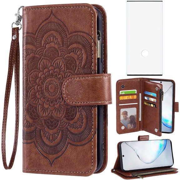 Phone Case for Samsung Galaxy Note 10 Plus Note10+ 5G Wallet Cover with Tempered Glass Screen Protector and Flip Credit Card Holder Cell Note10 + Notes 10+ Ten Not S10 10Plus Women Men Brown