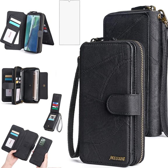 Phone Case for Samsung Galaxy Note 20 5G Zipper Wallet Detachable Cover with Screen Protector and Flip Mirror Card Holder Cell Accessories Note20 Notes 20s Twenty Not S20 Women Men Black