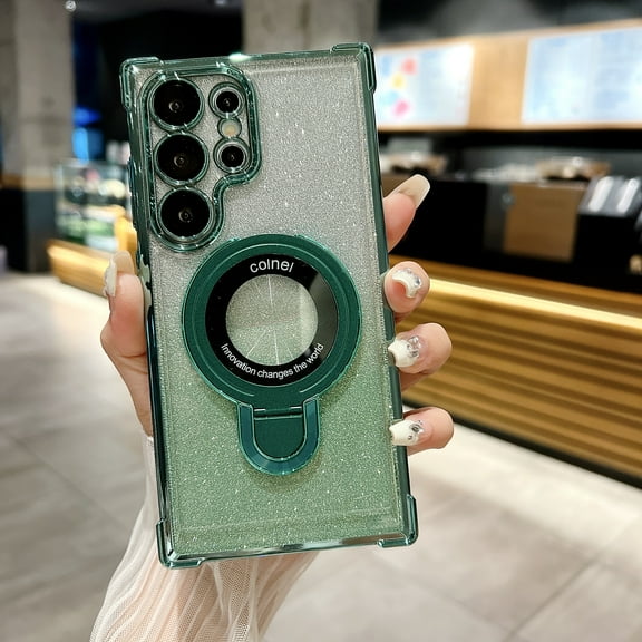 Phone Case for Samsung Galaxy Note 20 Case, [Compatible with MagSafe] Magnetic Clear Glitter for Women Men Cute Bling Cover for Galaxy Note 20 Case Silicone Slim with Stand Ring, Darkgreen