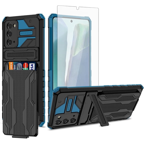 Phone Case for Samsung Galaxy Note 20 Glaxay Note20 5G with Tempered Glass Screen Protector Cover and Credit Card Holder Stand Cell Accessories Gaxaly Notes 20s Twenty Not S20 Women Men Blue