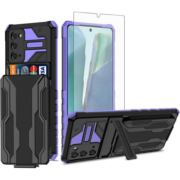 Phone Case for Samsung Galaxy Note 20 Glaxay Note20 5G with Tempered Glass Screen Protector Cover and Credit Card Holder Stand Cell Accessories Gaxaly Notes 20s Twenty Not S20 Women Men Purple