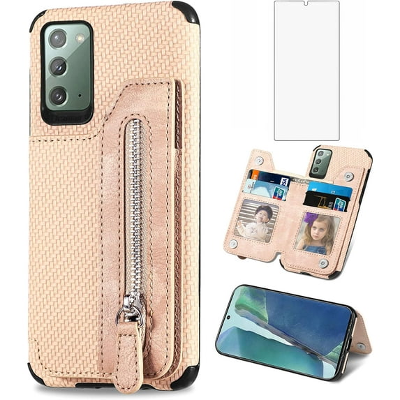 Phone Case for Samsung Galaxy Note 20 Glaxay Note20 5G Wallet Cover with Screen Protector and Zipper Credit Card Holder Stand Leather Cell Accessories Gaxaly Notes 20s Twenty Not S20 Women Men Beige