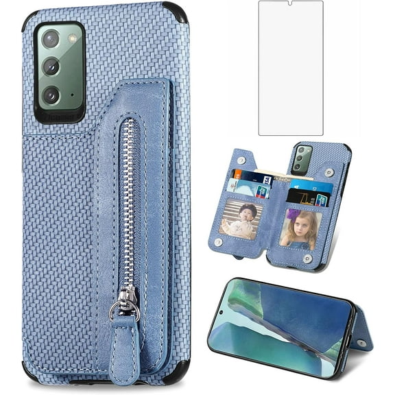 Phone Case for Samsung Galaxy Note 20 Glaxay Note20 5G Wallet Cover with Tempered Glass Screen Protector and Zipper Credit Card Holder Stand Leather Cell Gaxaly Notes 20s Twenty Not S20 Women Men Blue