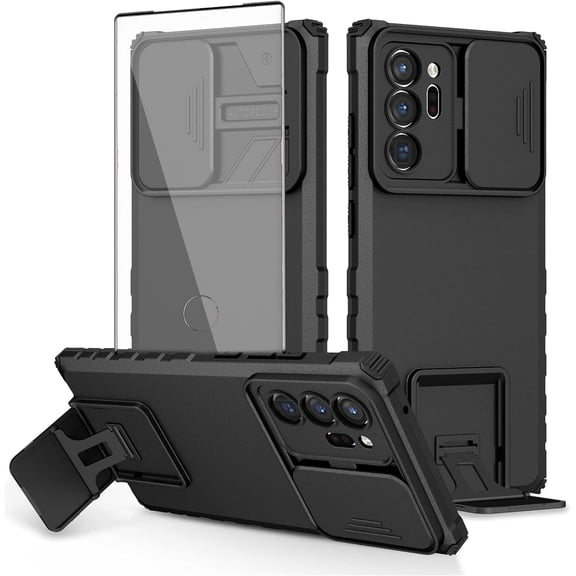 Phone Case for Samsung Galaxy Note 20 Ultra 5G with Screen Protector and Slide Camera Cover Kickstand Stand Slim Cell Note20 Plus Notes 20Ultra Note20+ U + 20+ Twenty Not S20 Women Men Black