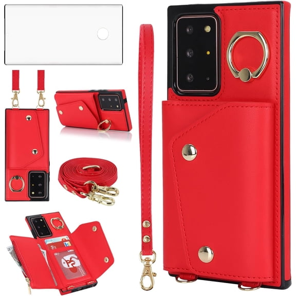 Phone Case for Samsung Galaxy Note 20 Ultra 5G Wallet Cover with Screen Protector Ring Stand Card Holder Crossbody Strap Cell Note20 Plus Notes 20Ultra Note20+ U + 20+ Twenty Not S20 Women Girls Red
