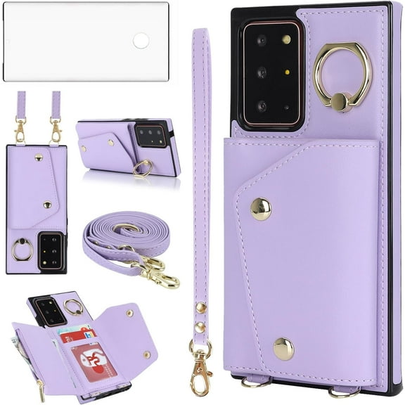 Phone Case for Samsung Galaxy Note 20 Ultra 5G Wallet Cover with Screen Protector Ring Stand Card Holder Crossbody Strap Cell Note20 Plus Notes 20Ultra Note20+ U + 20+ Twenty Not S20 Women Girl Purple