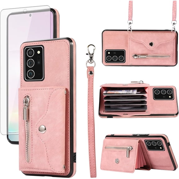 Phone Case for Samsung Galaxy Note 20 Ultra 5G Wallet Cover with Screen Protector Wrist Crossbody Strap Lanyard Credit Card Holder Note20 Plus Notes 20Ultra Note20+ U + 20+ Twenty Not S20 Rose Gold
