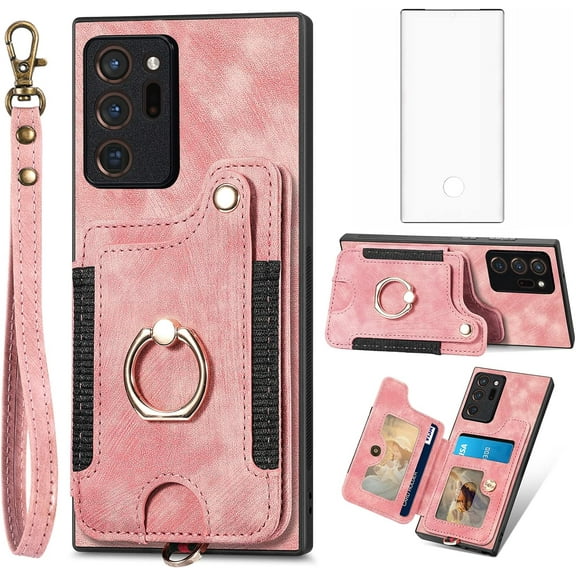 Phone Case for Samsung Galaxy Note 20 Ultra 5G Wallet Cover with Screen Protector and Wrist Strap RFID Card Holder Ring Stand Note20 Plus Notes 20Ultra Note20+ U + 20+ Twenty Not S20 Women Men Pink