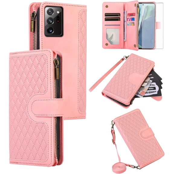 Phone Case for Samsung Galaxy Note 20 Ultra 5G Wallet Cover With Tempered Glass Screen Protector Flip Zipper Card Holder Cell Note20 Plus Notes 20Ultra Note20+ U + 20+ Twenty Not S20 Rose Gold