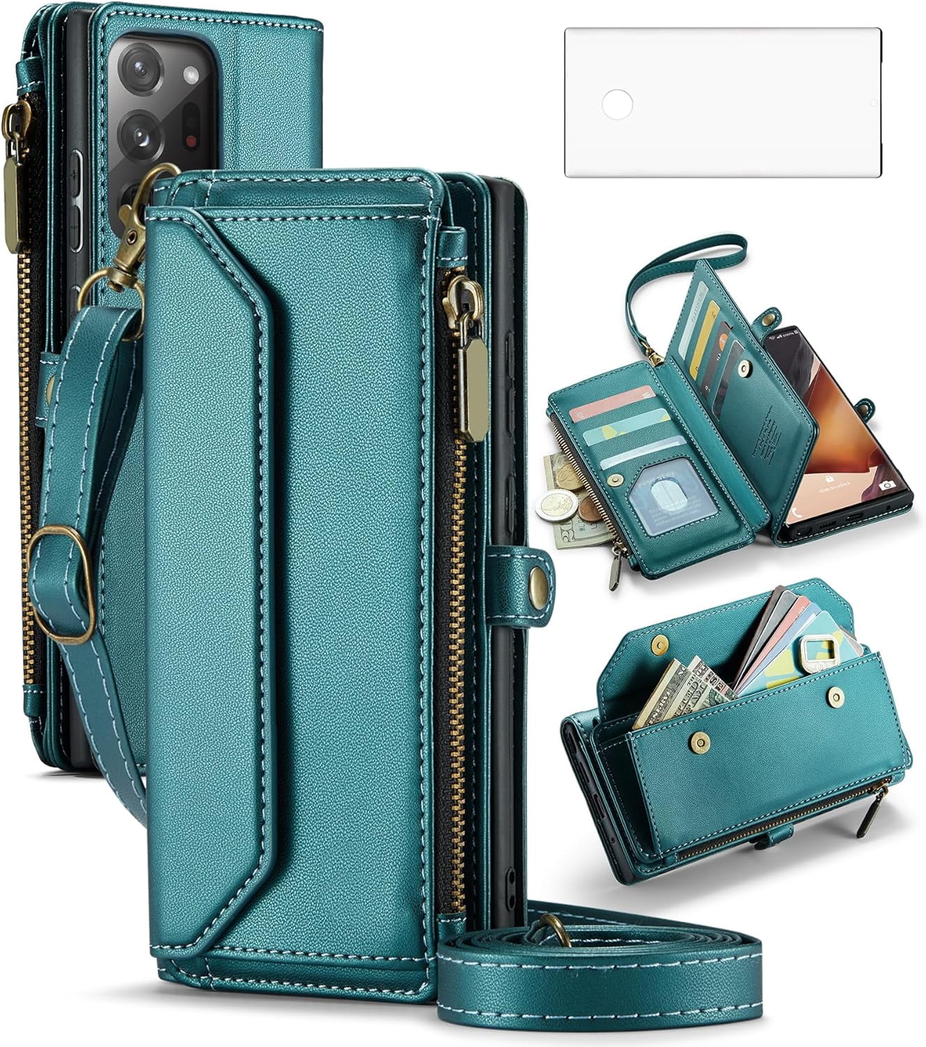 Phone Case for Samsung Galaxy Note 20 Ultra 5G Zipper Wallet Cover with Screen Protector and Flip RFID Blocking Card Holder Cell Note20 Plus Notes 20Ultra Note20+ U + 20+ Twenty Not S20 Women Green