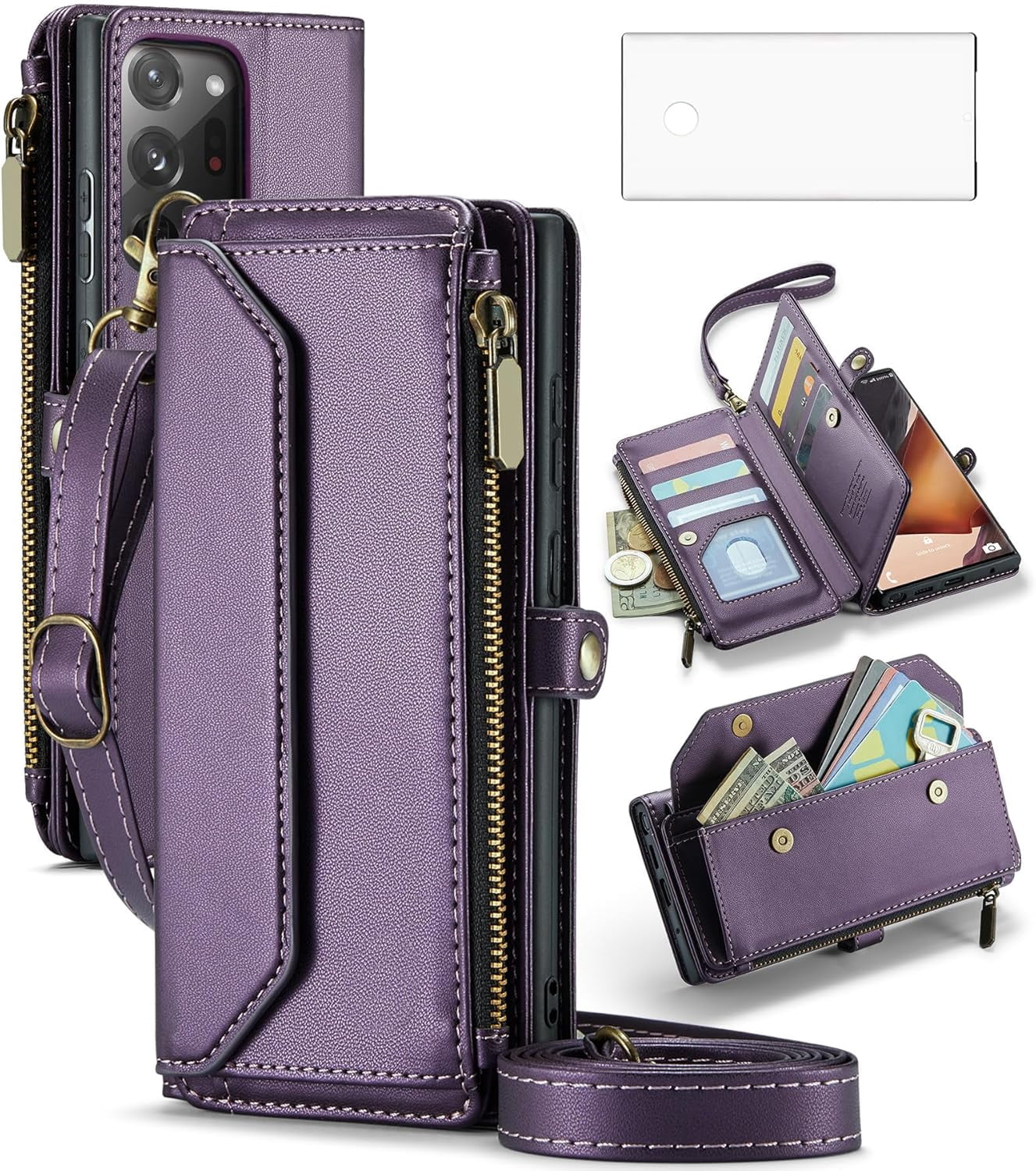 Phone Case for Samsung Galaxy Note 20 Ultra 5G Zipper Wallet Cover with Screen Protector and Flip RFID Blocking Card Holder Cell Note20 Plus Notes 20Ultra Note20+ U + 20+ Twenty Not S20 Women Purple
