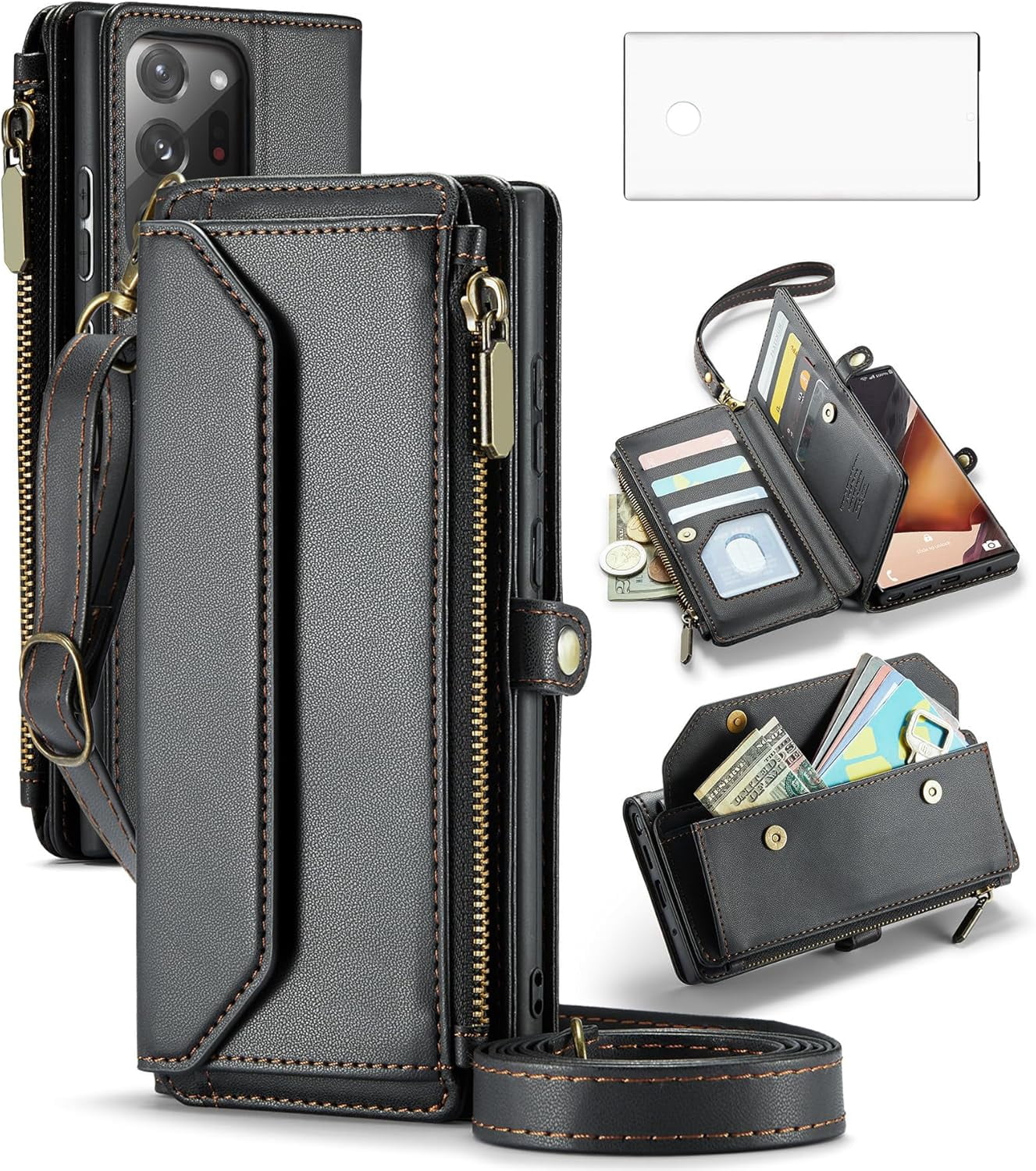 Phone Case for Samsung Galaxy Note 20 Ultra 5G Zipper Wallet Cover with Screen Protector and Flip RFID Blocking Card Holder Cell Note20 Plus Notes 20Ultra Note20+ U + 20+ Twenty Not S20 Women Black