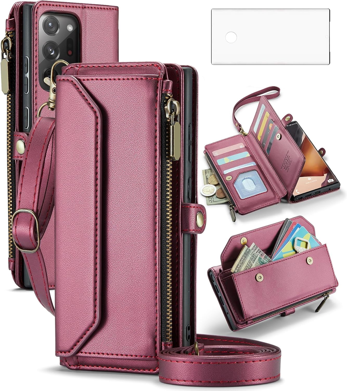 Phone Case for Samsung Galaxy Note 20 Ultra 5G Zipper Wallet Cover with Screen Protector and Flip RFID Blocking Card Holder Cell Note20 Plus Notes 20Ultra Note20+ U + 20+ Twenty Not S20 Women Wine Red