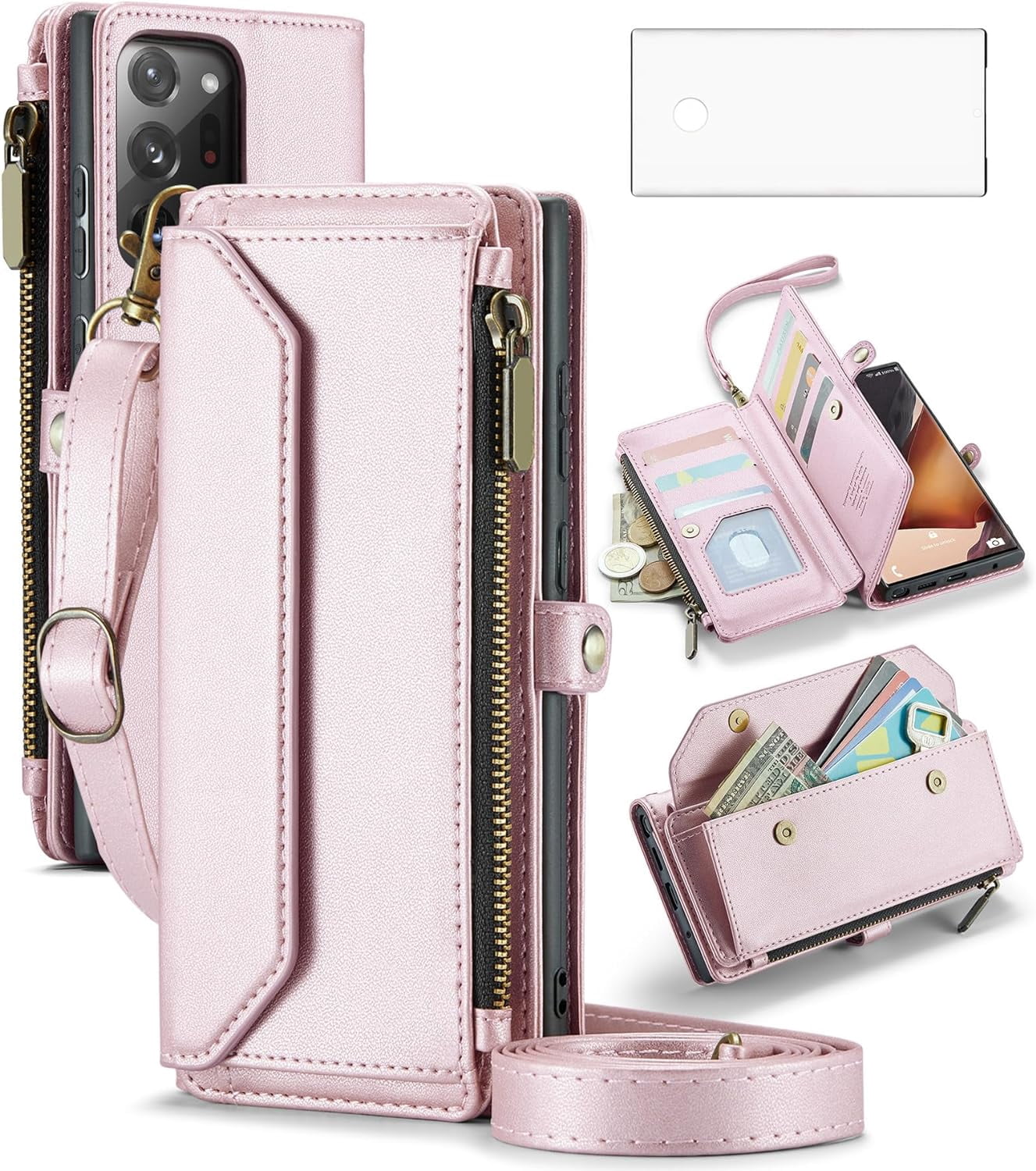 Phone Case for Samsung Galaxy Note 20 Ultra 5G Zipper Wallet Cover with Screen Protector Flip RFID Blocking Card Holder Cell Note20 Plus Notes 20Ultra Note20+ U + 20+ Twenty Not S20 Women Rose Gold