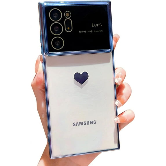 Phone Case for Samsung Galaxy Note 20 Ultra with Lens Protector Luxury Electroplated Galaxy Note 20 Ultra Case for Women Soft Shockproof Protective Slim Fit Cute Clear Heart Case 6.9” (Blue)