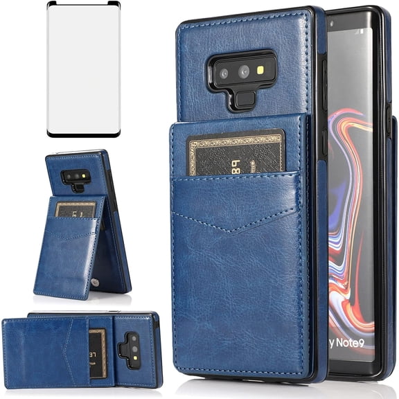 Phone Case for Samsung Galaxy Note 9 with Tempered Glass Screen Protector and Credit Card Holder Wallet Cover Stand Leather Cell Accessories Galaxies Note9 Gaxaly Glaxay Not S9 Cases Women Men Blue