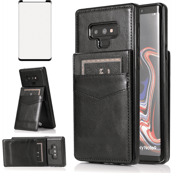 Asuwish Screen Protector Included PU Leather Soft Shell Wallet Cell Phone Case with Screen Protector for Samsung Galaxy Note 9, Black