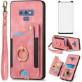 thumbnail image 1 of Phone Case for Samsung Galaxy Note 9 Wallet Cover with Tempered Glass Screen Protector and Wrist Strap Lanyard RFID Credit Card Holder Ring Stand Cell Accessories Note9 Not S9 Women Men Pink, 1 of 13