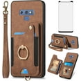 thumbnail image 1 of Phone Case for Samsung Galaxy Note 9 Wallet Cover with Tempered Glass Screen Protector and Wrist Strap Lanyard RFID Credit Card Holder Ring Stand Cell Accessories Note9 Not S9 Women Men Brown, 1 of 7