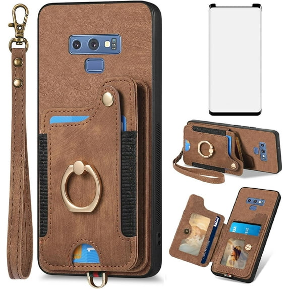 Phone Case for Samsung Galaxy Note 9 Wallet Cover with Tempered Glass Screen Protector and Wrist Strap Lanyard RFID Credit Card Holder Ring Stand Cell Accessories Note9 Not S9 Women Men Brown