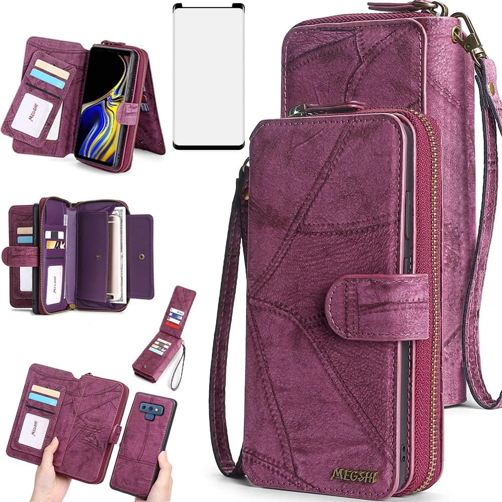 Phone Case for Samsung Galaxy Note 9 Zipper Wallet Detachable Cover with Tempered Glass Screen Protector and Leather Flip Mirror Card Holder Cell Accessories Note9 Not S9 Women Men Wine Red