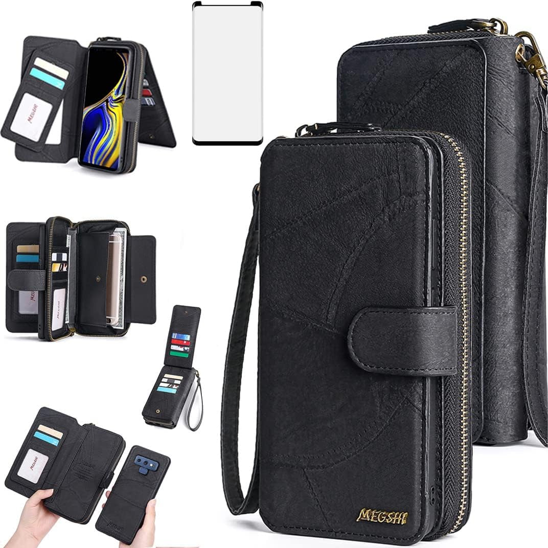 Phone Case for Samsung Galaxy Note 9 Zipper Wallet Detachable Cover with Tempered Glass Screen Protector and Leather Flip Mirror Card Holder Cell Accessories Note9 Not S9 Women Men Black