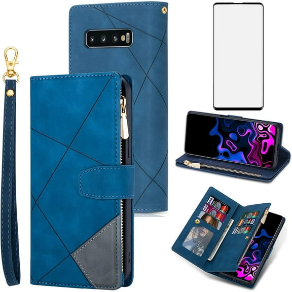 Phone Case for Samsung Galaxy S10 Plus Wallet Cover with Tempered Glass Screen Protector Flip Zipper Credit Card Holder Stand Cell Accessories S10+ S10plus 10S Edge S 10 10plus Women Men Blue