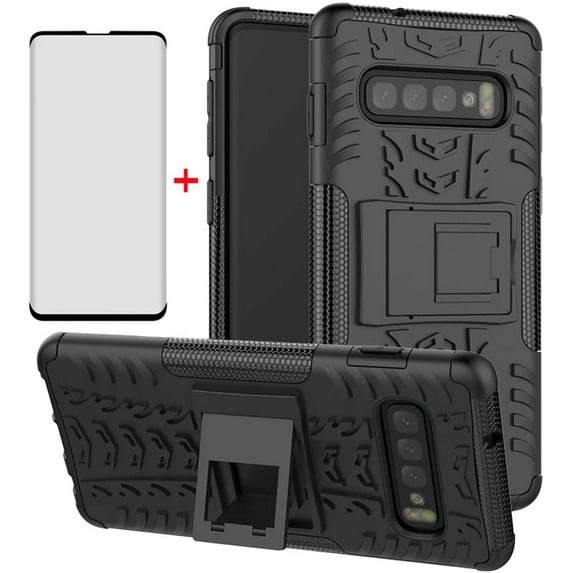 Phone Case for Samsung Galaxy S10 with Tempered Glass Screen Protector Cover and Stand Kickstand Hard Rugged Hybrid Protective Cell Accessories Heavy Duty Glaxay S 10 Edge 10S GS10 SX Cases Men Black