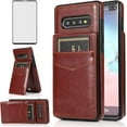 thumbnail image 1 of Phone Case for Samsung Galaxy S10 with Tempered Glass Screen Protector and Credit Card Holder Wallet Cover Stand Leather Cell Accessories Glaxay S 10 Edge Gaxaly 10S GS10 X10 Cases Women Brown, 1 of 7