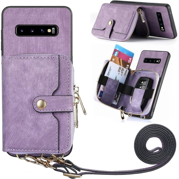 Phone Case for Samsung Galaxy S10 Zipper Wallet Cover with Credit Card Holder Slot Shoulder Crossbody Strap Long Lanyard Leather Cell Accessories S 10 Edge 10S GS10 X10 Women Girls Men Purple