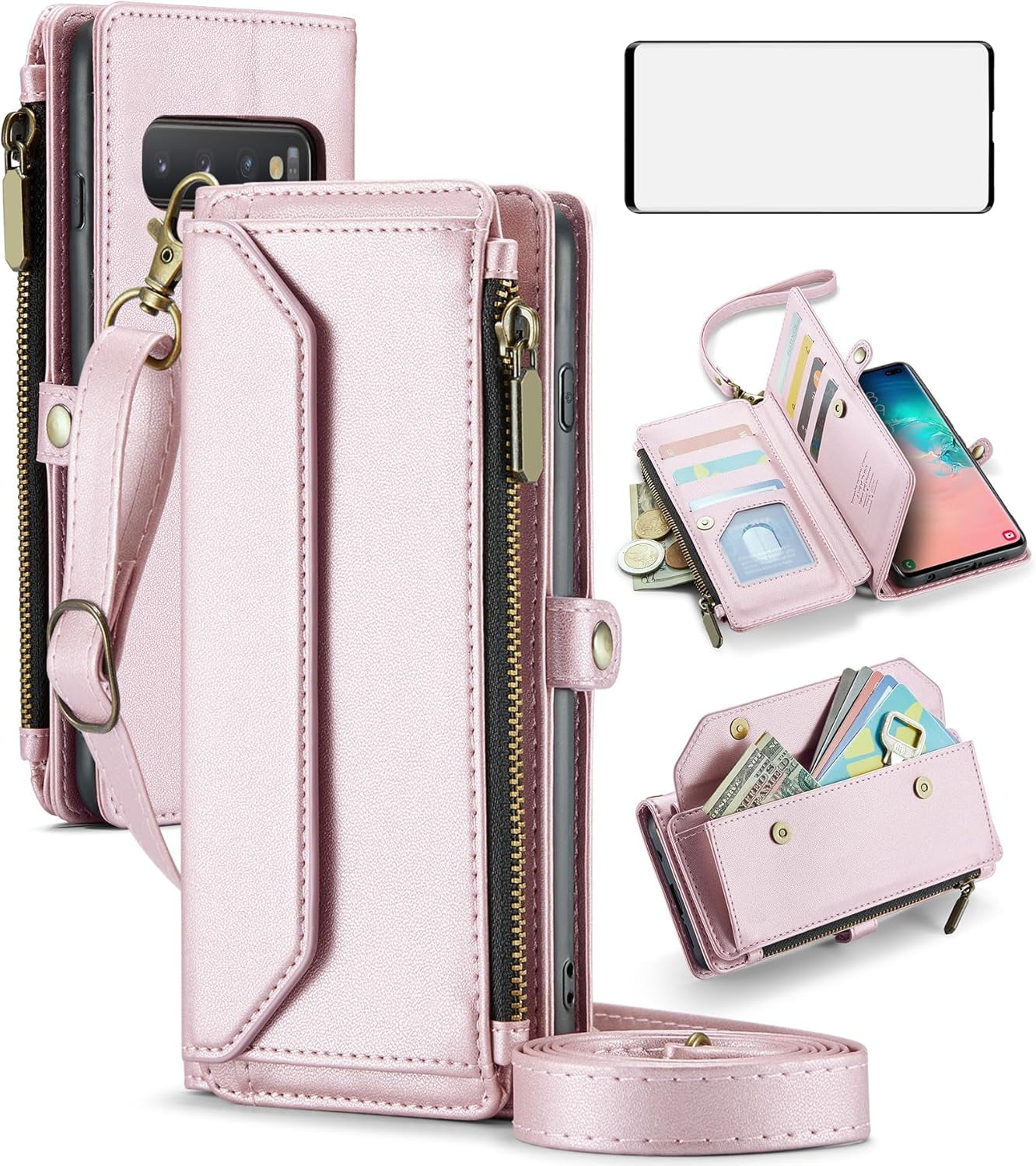 Phone Case for Samsung Galaxy S10 Zipper Wallet Cover with Tempered Glass Screen Protector and Leather Flip RFID Blocking Credit Card Holder Cell S 10 Edge 10S GS10 X10 Women Girls Rose Gold