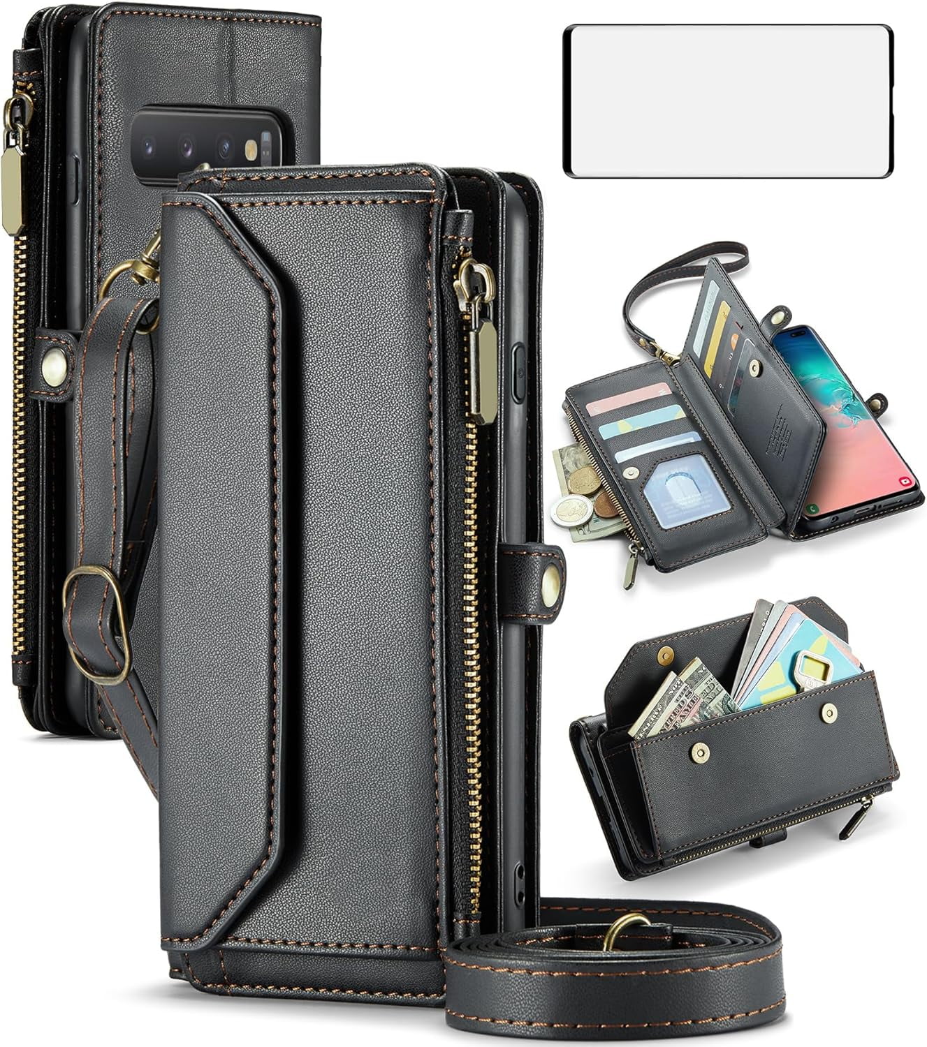 Phone Case for Samsung Galaxy S10 Zipper Wallet Cover with Tempered Glass Screen Protector and Leather Flip RFID Blocking Credit Card Holder Stand Cell S 10 Edge 10S GS10 X10 Women Girls Black
