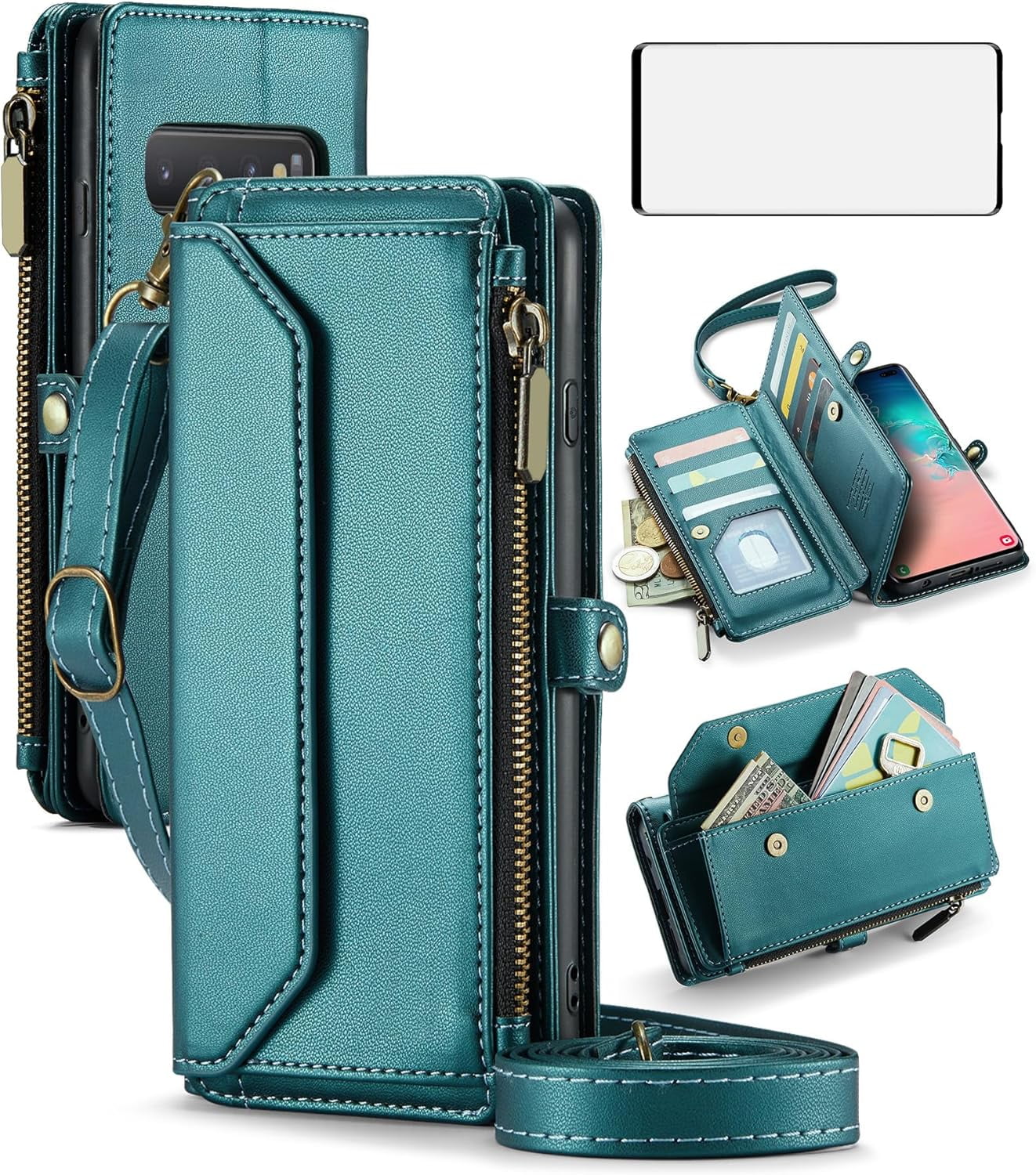 Phone Case for Samsung Galaxy S10 Zipper Wallet Cover with Tempered Glass Screen Protector and Leather Flip RFID Blocking Credit Card Holder Stand Cell S 10 Edge 10S GS10 X10 Women Girls Green