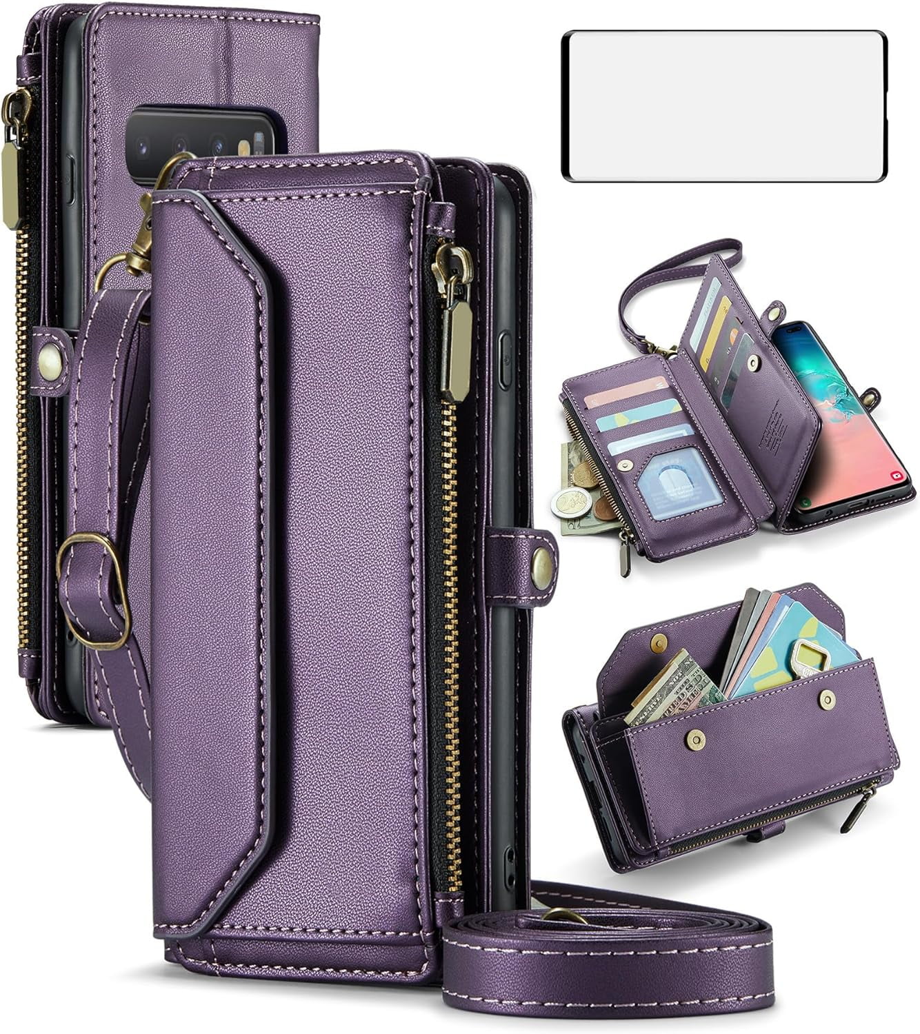 Phone Case for Samsung Galaxy S10 Zipper Wallet Cover with Tempered Glass Screen Protector and Leather Flip RFID Blocking Credit Cash Card Holder Cell S 10 Edge 10S GS10 X10 Women Girls Purple