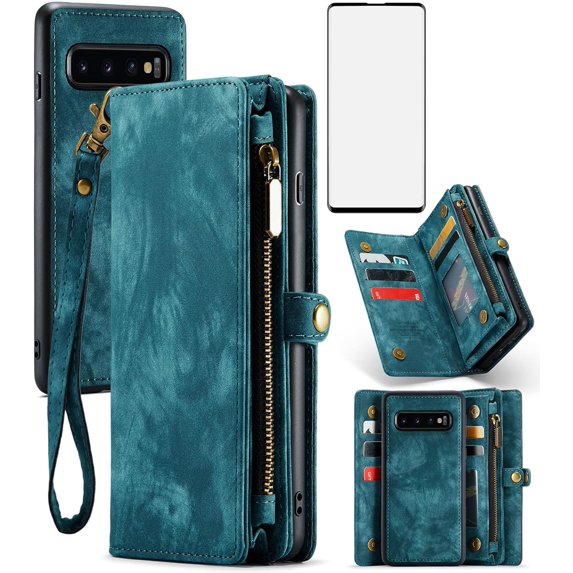 Phone Case for Samsung Galaxy S10 Zipper Wallet Detachable Cover with Tempered Glass Screen Protector and Flip Card Holder Cell Accessories Glaxay S 10 Edge Gaxaly 10S GS10 X10 Women Men Blue