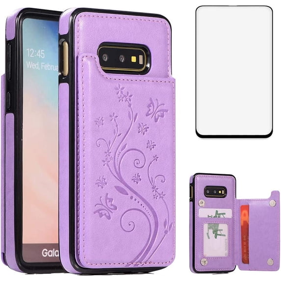 Phone Case for Samsung Galaxy S10e with Tempered Glass Screen Protector and Card Holder Wallet Cover Stand Flip Leather Cell Accessories Glaxay S 10e Gaxaly 10se Galaxies Se10 Cases Women Girl Purple