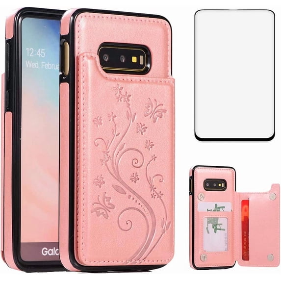 Phone Case for Samsung Galaxy S10e with Tempered Glass Screen Protector and Card Holder Wallet Cover Stand Flip Leather Cell Accessories Glaxay S 10e Gaxaly 10se Galaxies Se10 Cases Women Rose Gold
