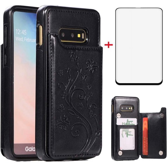 Phone Case for Samsung Galaxy S10e with Tempered Glass Screen Protector and Card Holder Wallet Cover Stand Flip Leather Cell Accessories Glaxay S 10e Gaxaly 10se Galaxies Se10 Cases Women Men Black