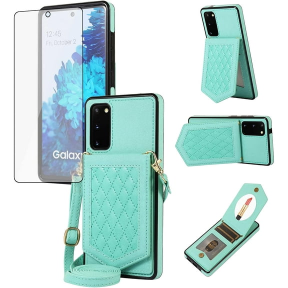 Phone Case for Samsung Galaxy S20 5G 6.2 inch Wallet Cover with Tempered Glass Screen Protector and Mirror Credit Card Holder Slot Shoulder Crossbody Strap Cell S 20 20S UW S2O G5 Women Girls Green