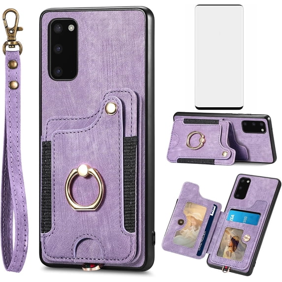 Phone Case for Samsung Galaxy S20 5G 6.2 inch Wallet Cover with Tempered Glass Screen Protector and Wrist Strap Lanyard RFID Card Holder Ring Stand Cell Accessories S 20 20S UW S2O G5 Women Men Purple