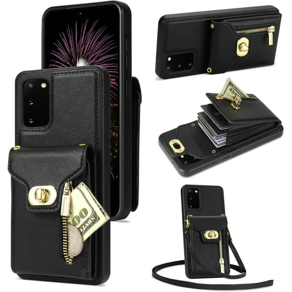 Phone Case for Samsung Galaxy S20 FE 5G 6.5 inch Wallet Cover with Card Holder Zipper Slot Crossbody Strap Lanyard Leather Stand Cell S 20 EF UW S20FE5G S20FE 20S S2O Fan Edition 4G G5 Women Black
