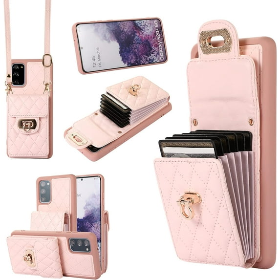 Phone Case for Samsung Galaxy S20 FE 5G 6.5 inch Wallet Cover with Credit Card Holder Shoulder Crossbody Strap Long Lanyard Leather Cell S 20 EF UW S20FE5G S20FE 20S S2O Fan Edition 4G G5 Women Pink