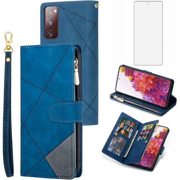 Phone Case for Samsung Galaxy S20 FE 5G 6.5 inch Wallet Cover With Screen Protecto Flip Zipper Credit Card Holder Stand Cell Accessories S 20 EF UW S20FE5G S20FE 20S S2O Fan Edition 4G G5 Women Blue