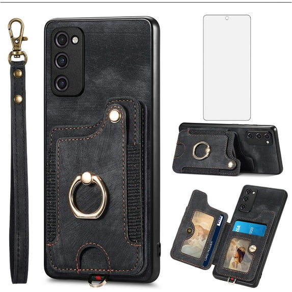Phone Case for Samsung Galaxy S20 FE 5G 6.5 inch Wallet Cover with Screen Protector Wrist Strap Lanyard RFID Card Holder Ring Stand S 20 EF UW S20FE5G S20FE 20S S2O Fan Edition 4G G5 Women Men Black