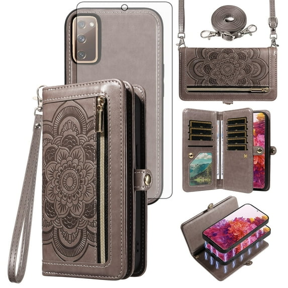 Phone Case for Samsung Galaxy S20 FE 5G 6.5 inch Zipper Wallet Cell Cover with Screen Protector Strap Flower Flip Card Holder S 20 EF UW 2022 S20FE5G S20FE 20S S2O Fan Edition 4G G5 Women Gray